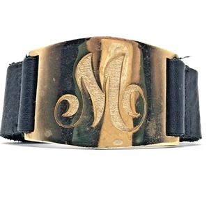 Lisa Stewart Engraved Brass Initial M Bracelet with Snap Leather Band